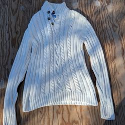 Tommy Hilfiger Boys Cable-Knit Sweater White Mock Neck Button L/G 16/18