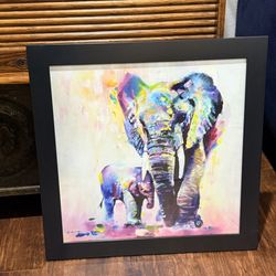 Colorful Elephant Wall Art Framed Canvas Print • Modern Abstract Mother & Baby Elephants