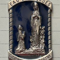 Silver-tone Metal Plate Against Blue Enamel Eau De Lourdes