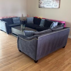 Sofa Loveseat Armchair Set - Blue Microfiber 