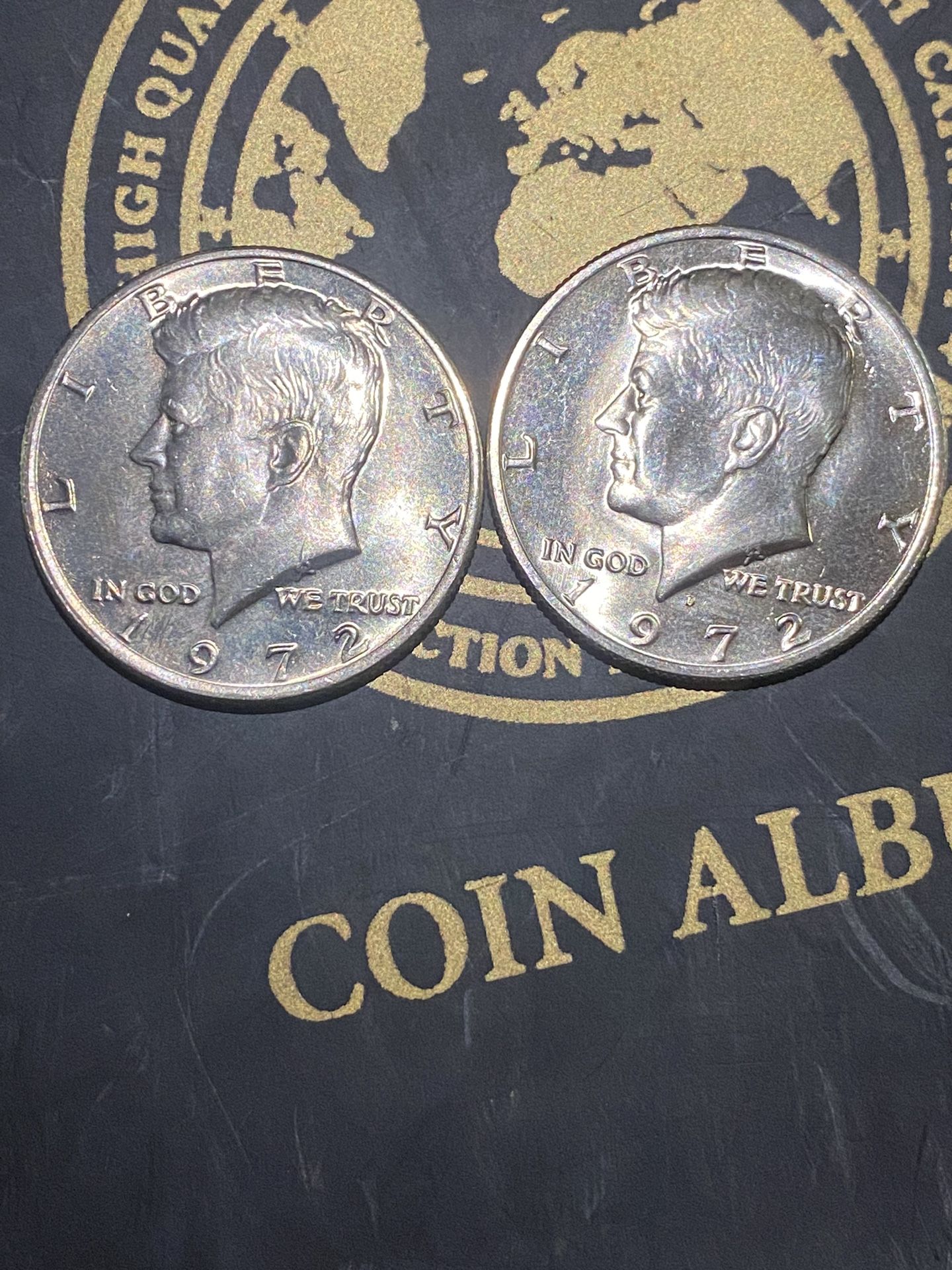 Two 1972 half dollar Kennedys with doubling on the date and end the word in God