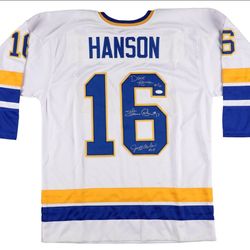 Dave Hanson Steve Carlson Jeff Carlson Signed Chiefs Jersey Slap Shot (JSA COA)