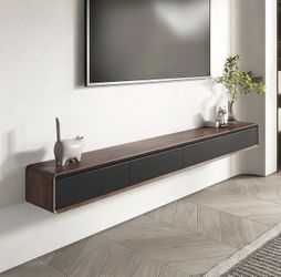 Floating TV Stand, Modern Wall-Mounted Entertainment Center with 1 Flip-Down Cabinet Doors 2 Drawers, Solid Wood Media Console (Walnut/Black, 63")