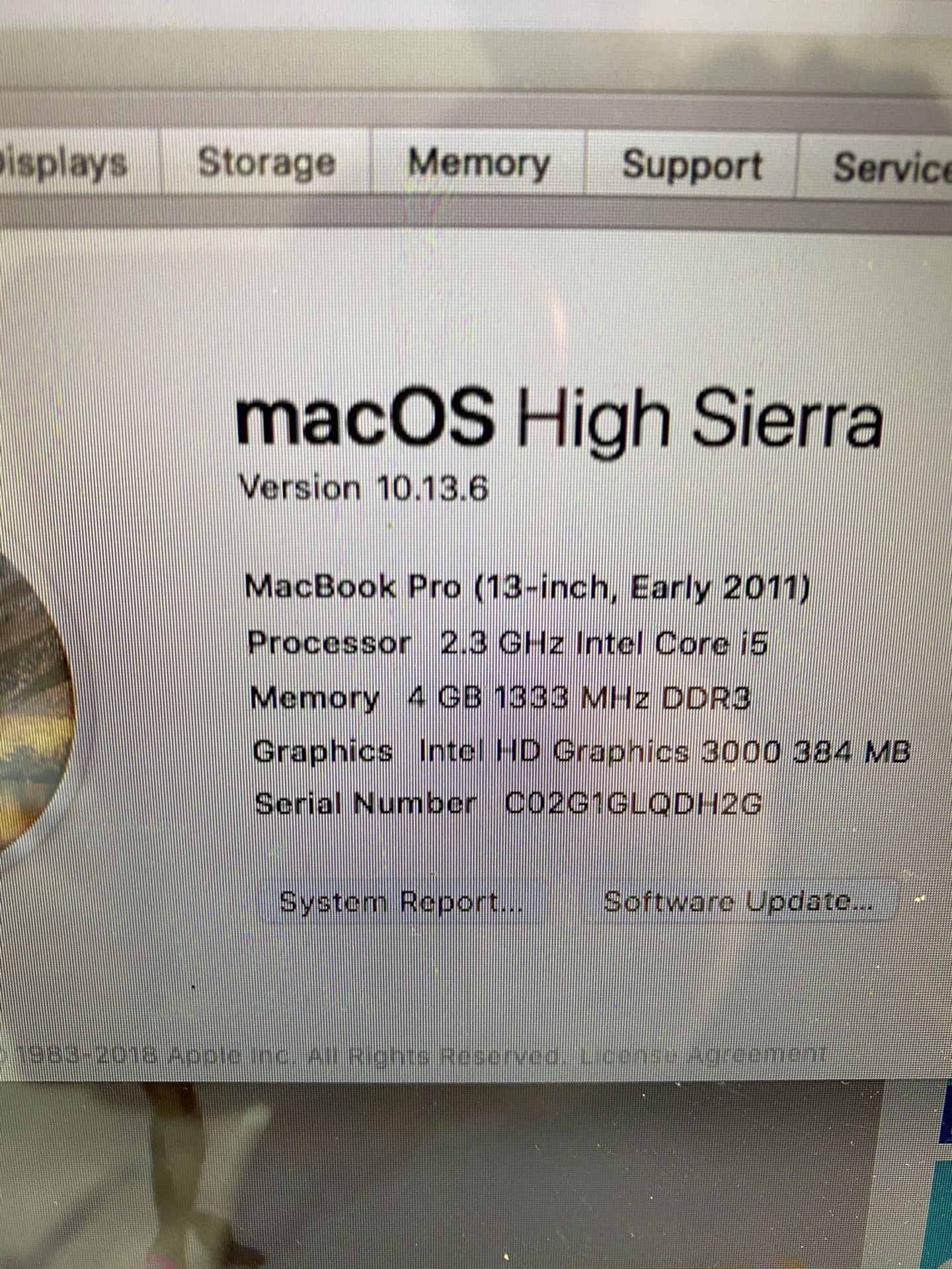 2011 Macbook Pro 13 Inch 2.3 i5 4GB 320GB HD