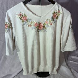 Cottage Core Floral Embroidered Ribbed Tee