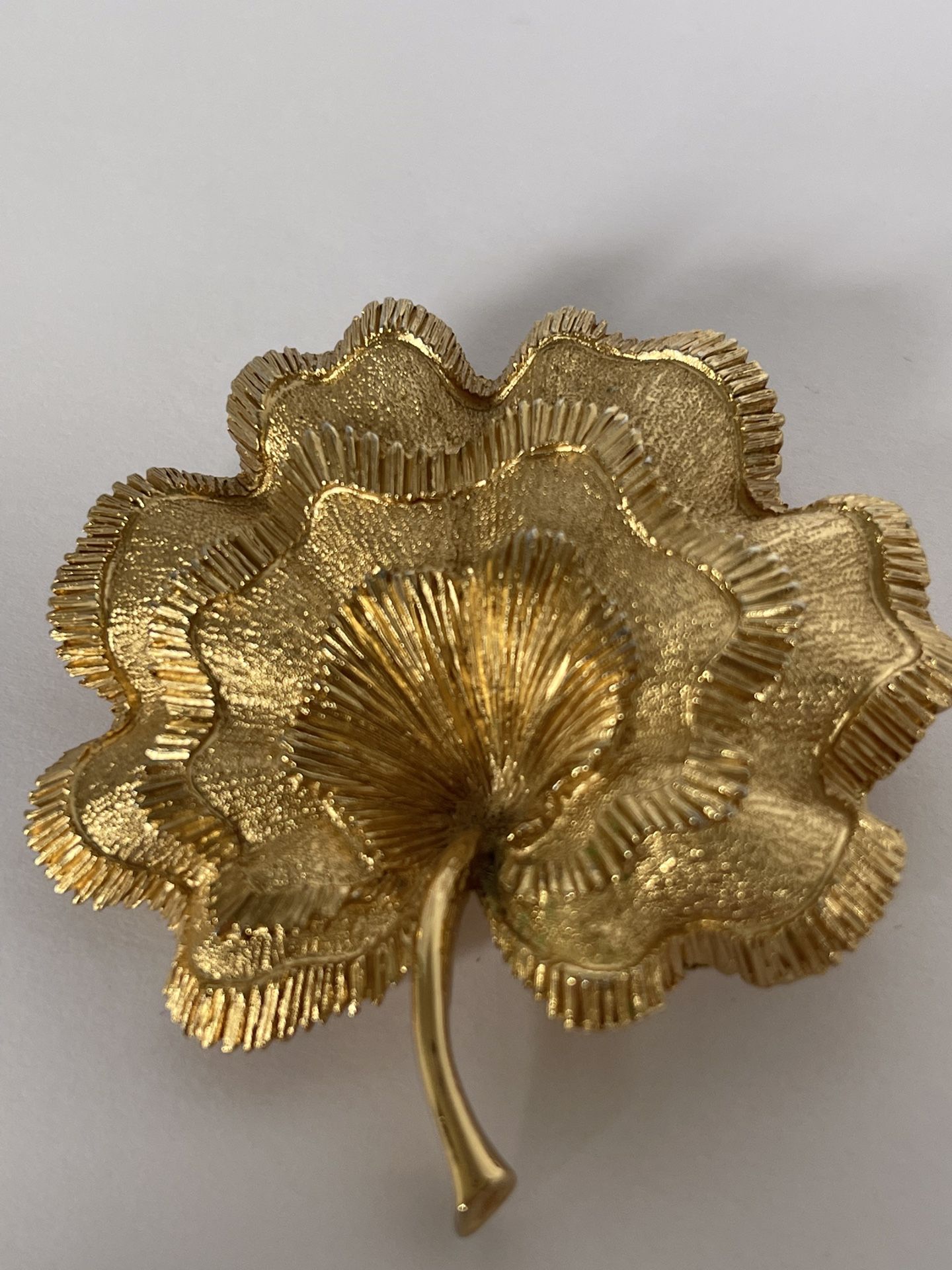 Vintage Monet Brooch Leaf Gold Tone Brushed Shiny Ruffled