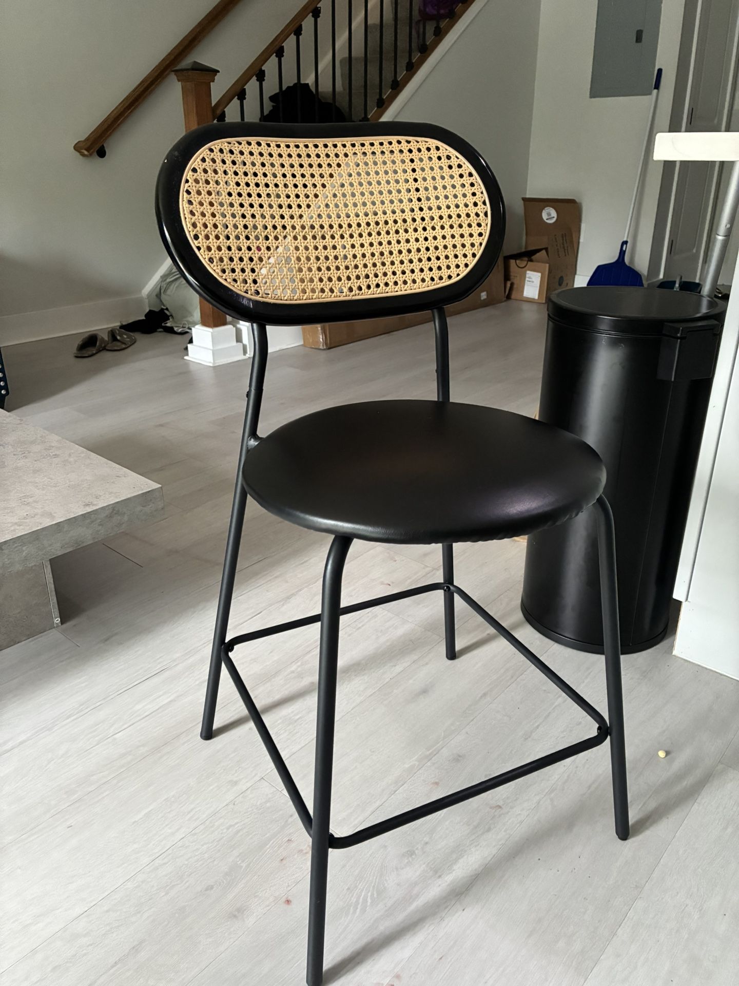 Set of 2 Modern Rattan Bar Stools – Black Metal & Woven Back
