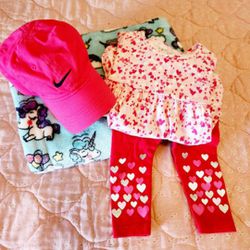 Infant Pink Nike Hat, Heart Outfit With Top & Leggings Size 12mos Plus Plush Unicorn Baby Blanket!