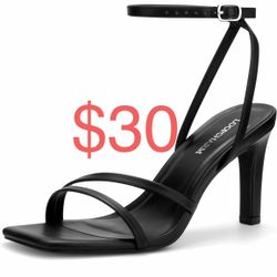 Womens Strappy High Heels Square Open Toe Ankle Strap Sandals 3.55 Inch Stiletto Heeled Dress Shoes for Party Wedding Evening Comfort