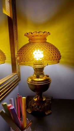 Vintage Amber Hobnail Glass and brass lamp