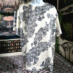 Beige Short Sleeve Tunic Top Blouse Blue Floral Chinese Design Small
