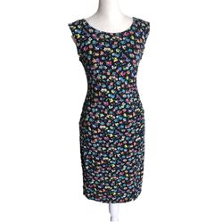 Talbots Petite Black Sheath Multicolored Floral Round Neck Sleeveless Dress