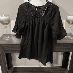 Black Crisscross Neck, Lace,  Bell Sleeve Top