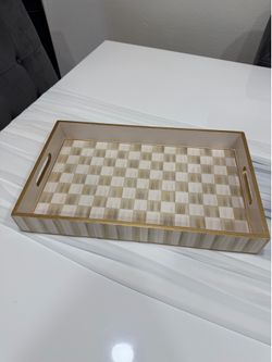 Brand new Mackenzie Childs Mocha Checkered Wood Tray Beige White
