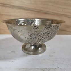 Antique English Silver Footed Bowl With Raised Floral Scrolls 