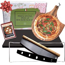 Advanced Pizza Stone for Oven and Grill - Ceramic Coated Non Stick with Wooden Pizza Peel Paddle & Pizza Cutter Set - Detachable Serving Handles - BBQ