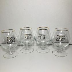 SET 4 MUMM VSOP COGNAC SNIFTER GLASSES WITH GOLD TRIM NEVER USED