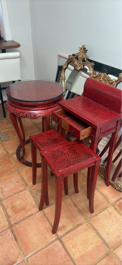 Red Distressed Wood Accent Tables Set