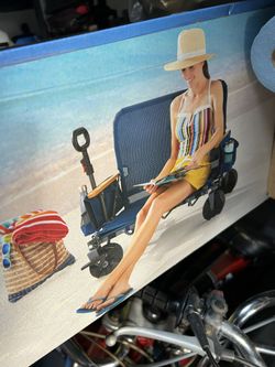 New In Box Ozark Trail Folding Beach Cart Wagon with Seating, Blue, 30in Height