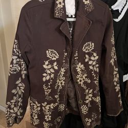 Embroidered Chocolate Brown Denim Jacket Sz 12/10 Medium