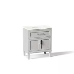 KOHLER Chesil 30in. Single Sink Freestanding Atmos Grey Bath Vanity with Bianco Bella Quartz Top Assembled