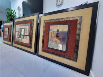 3D mixed media art pieces featuring wide frames. Geometric, Abstract influences.