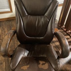 Solid Wood And Brown Leather Computer Chair 