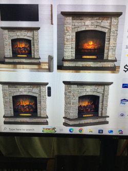 ALLEN  + ROTH 53.5-IN W STACKED FAUX SANDSTONE WITH COOFEE OAK FREE STANDING QUARTZ FLAT WALL ELECTRIC FIRE PLACE WITH REMOTE CONTROL