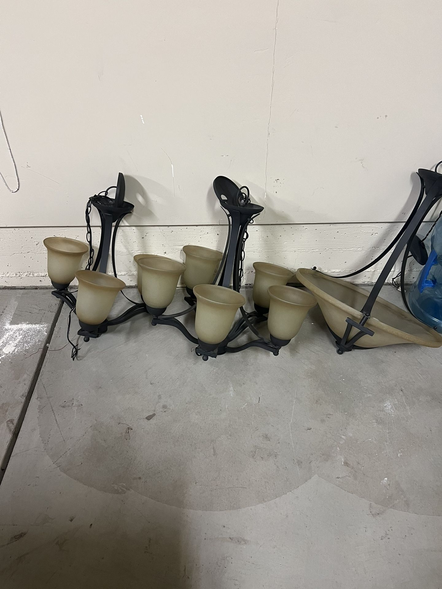 Three Of  Rustic Iron Chandelier with Antique Ivory Glass Shades