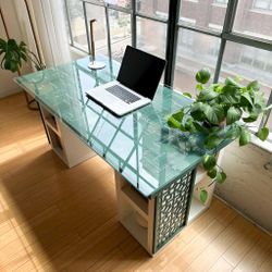 White Desk with Glass Top and Teal Lattice