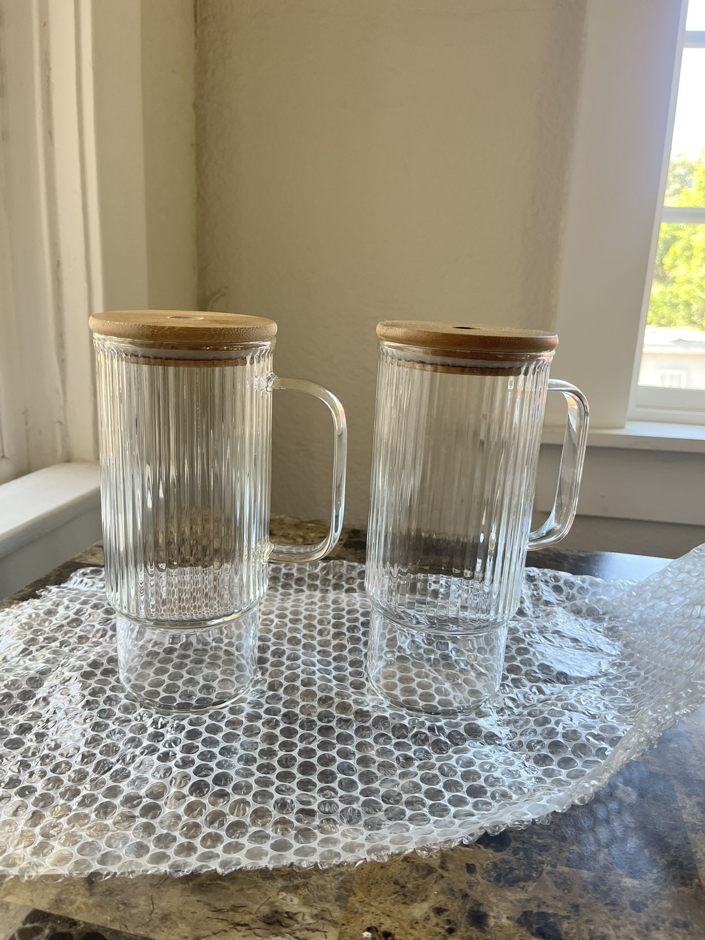 32oz Ribbed Glass Cup with Handle Bamboo Lid -Pair