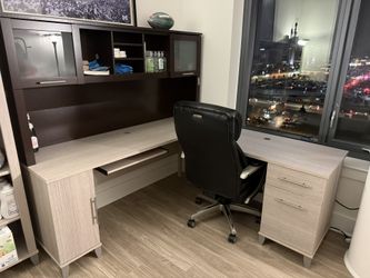 L-shaped Office Desk And Executive Leather Swivel Chair