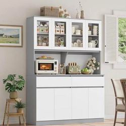 75" x 55" Kitchen Pantry Storage Cabinet with Glass Doors and Drawers, Wide China Cabinet Hutch
