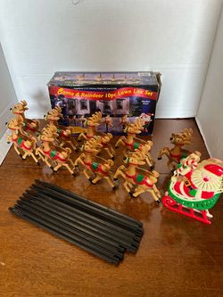 Vtg 1980's - 90's Santa & Reindeer Hard Plastic Outdoor 10pc Lawn Set