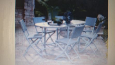 Cosco Outdoor Living Delray 7-Piece Wicker and Steel Dining Set, Blue and Gray