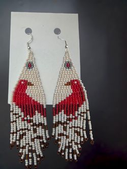 Handcrafted Beaded Bird Dangle Hook Earrings - Red White Black Brown Glass