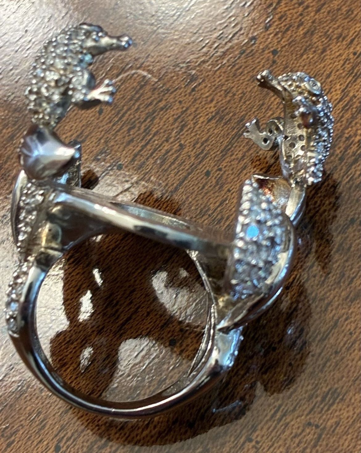 Platinum Over solid 925 Sterling Silver Diamond Twin Frog Ring