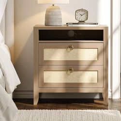 Dowinx 23.6" Night Stand with Charging Station, 2 Drawers and Storage Shelf, Rattan Nightstands Boho, for Bedroom Small Space Corner, Oak