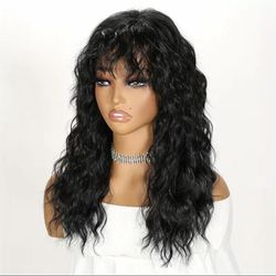 Human hair blend black curly wavy wig with bang