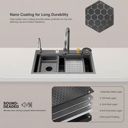 Undermount sink, stainless steel with waterfall, 29.5" x 17.7" x 8.7"