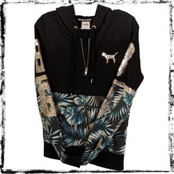 PINK Victoria's Secret Tropical Print Silver Sequin Hoodie Sweatshirt Women's XS 