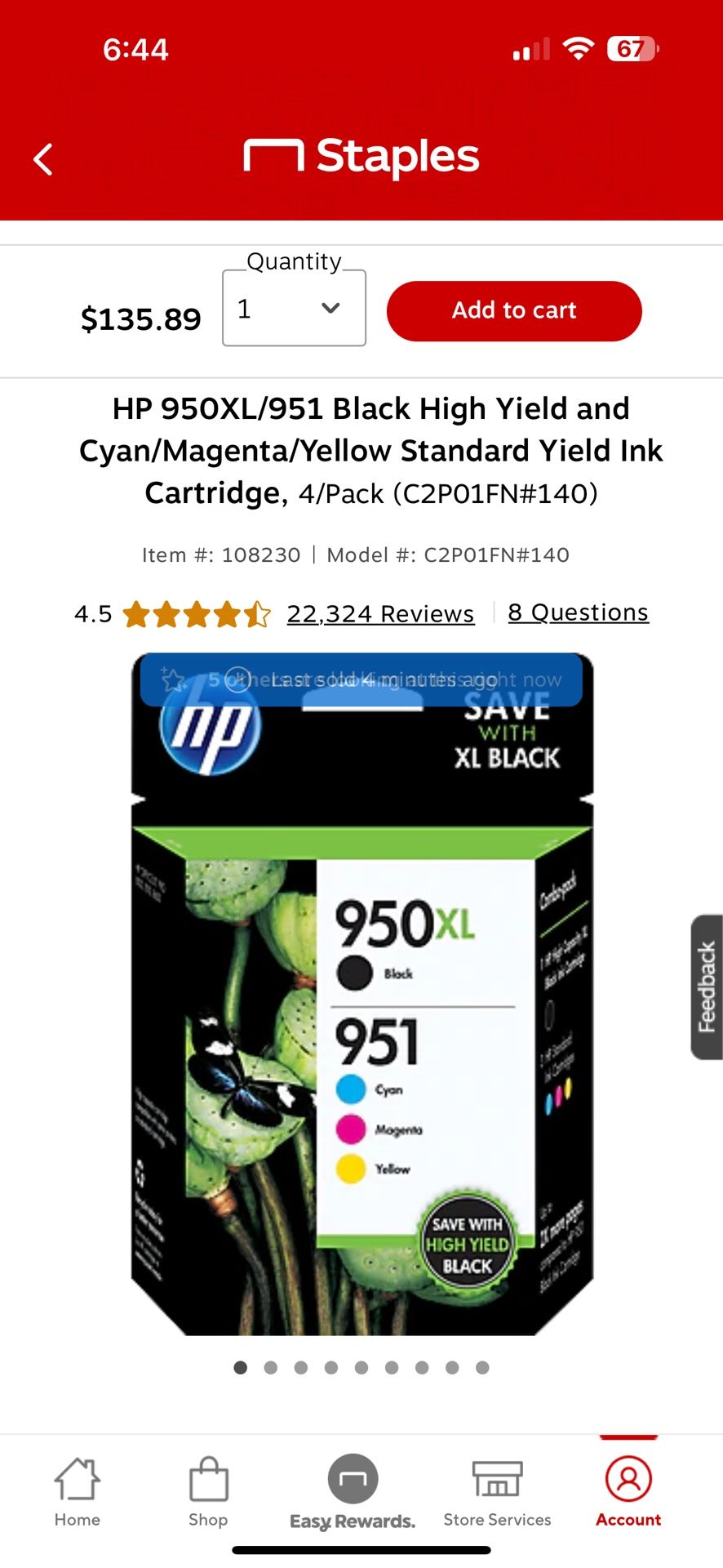 HP 950XL/951 Black High Yield and Cyan/Magenta/Yellow Standard Yield Ink Cartridge,