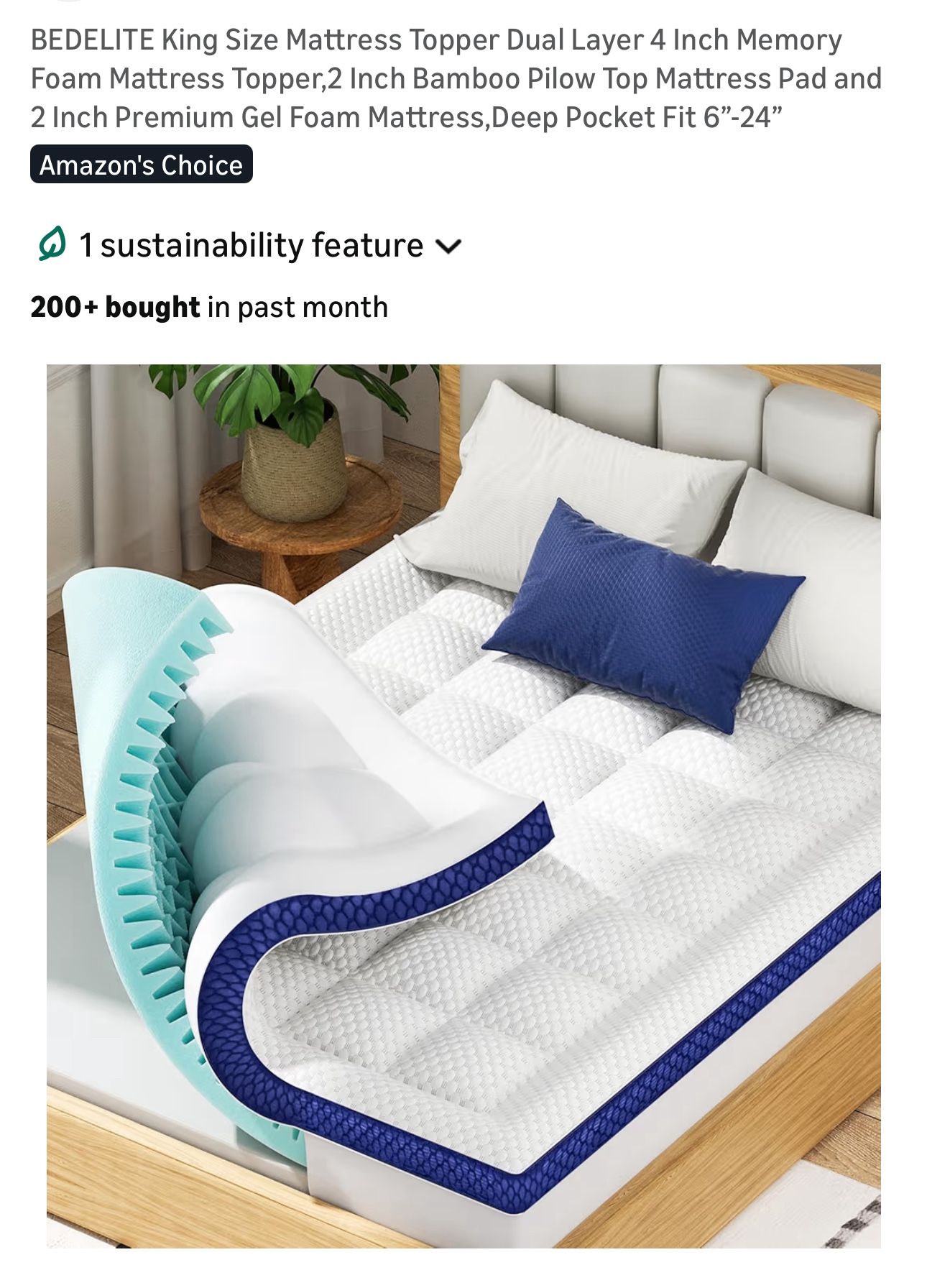 BEDELITE King Size Mattress Topper Dual Layer 4 Inch Memory Foam Mattress Topper