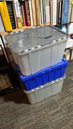 3 heavy plastic duty storage containers tubs bins with lids