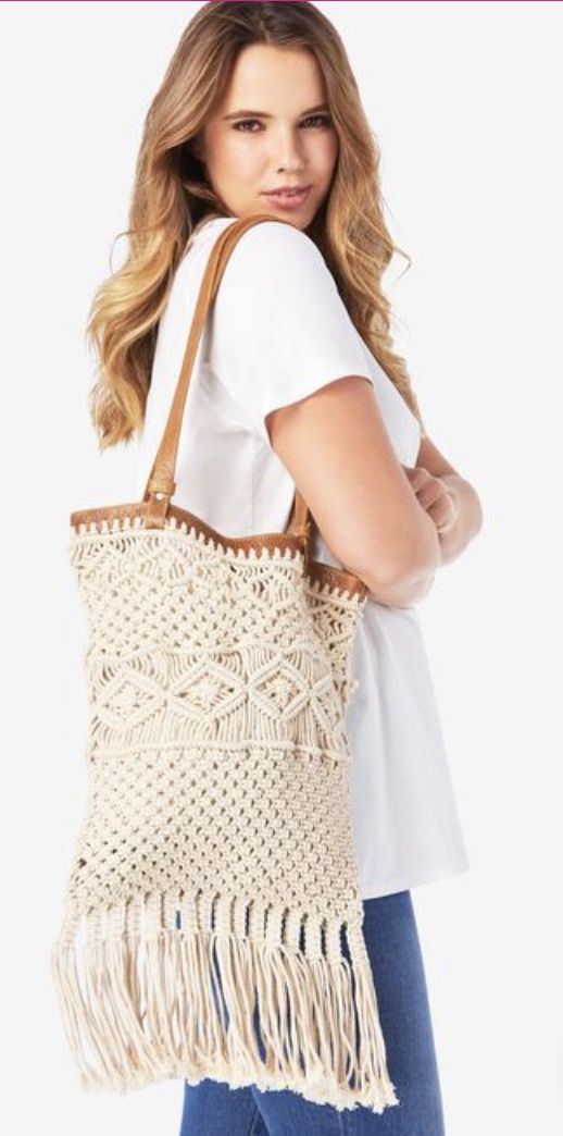 New Womens Crochet Overlay Tote W/ Fringe & Leather Straps 