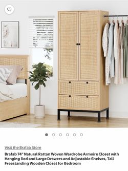Brafab “74 Natural Woven Armoire Wardrobe Closet with Hanging Rod