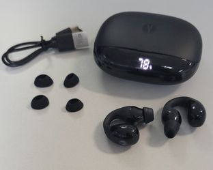 Open Ear, Clip On bluetooth wireless Earbuds with charging case.