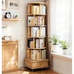 5 Tier Rotating Bookshelf, 360° Display Round Spinning Bookshelf With Wheels, Space-Saving, Small Space Rotating Bookshelf Tower For Bedroom, Living R