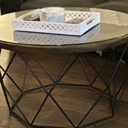 Round 32 X 32 Wood And Metal Coffee Table With Glass Top