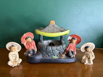 RARE 1954 Silvestri Bros Chalkware TV Lamp Set - Working Mid-Century Modern Pagoda & 4 Figurine Collection